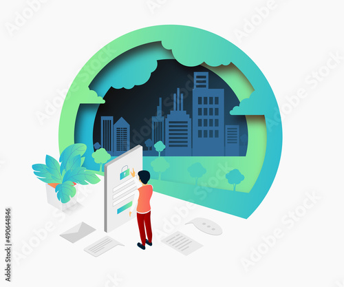 Isometric style illustration of registering a website with a smartphone