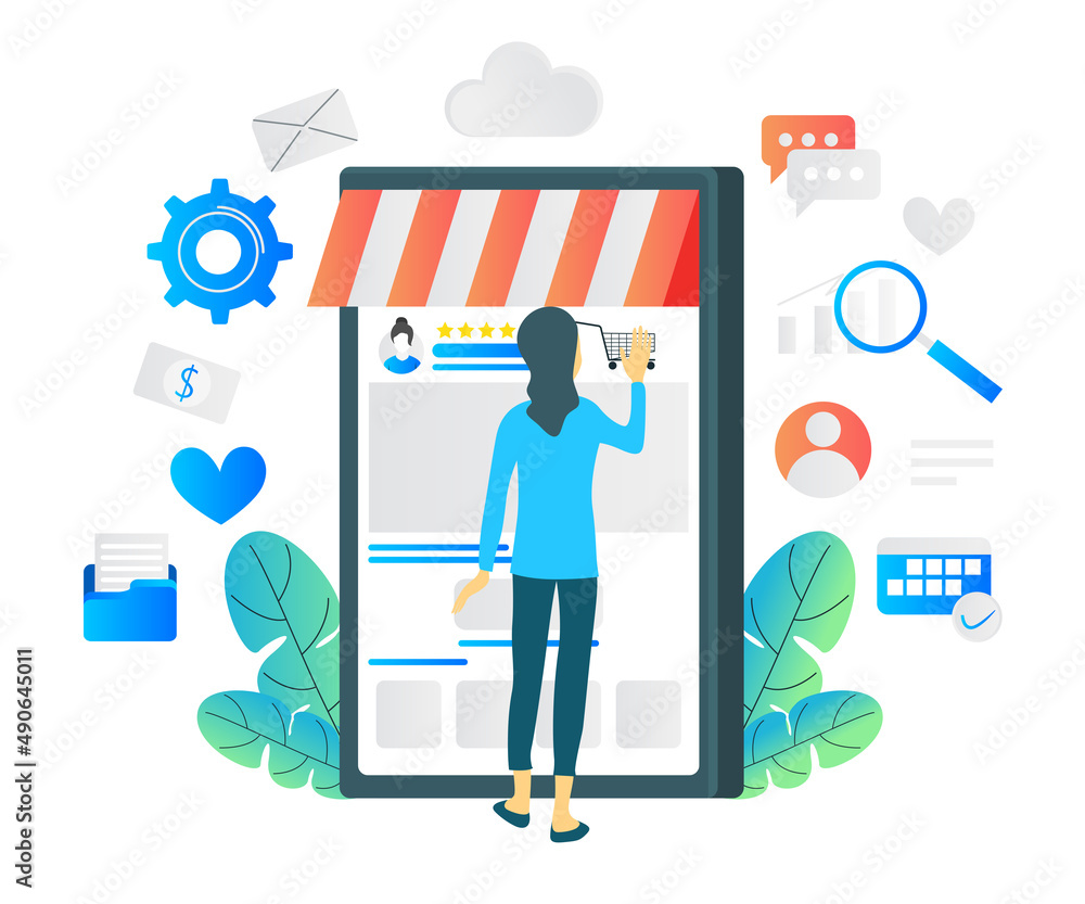 Flat style illustration of shopping in online store via smartphone Flat style illustration of shopping in online store via smartphone