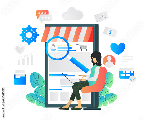 Flat style illustration of shopping in online store via smartphone