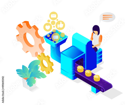 Money machine conveyor isometric style illustration