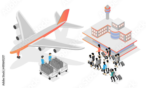 Airport isometric style illustration with airplane and passengers