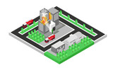 Isometric style illustration of burning building and fire engine