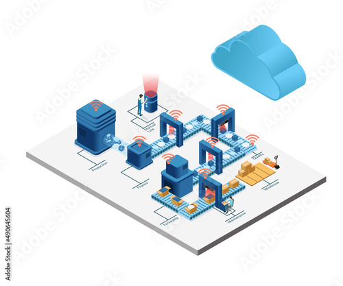 Isometric style illustration of goods packaging factory with conveyor robot and cloud storage