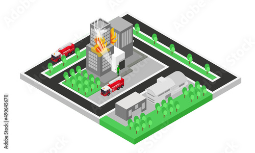 Isometric style illustration of burning building and fire engine