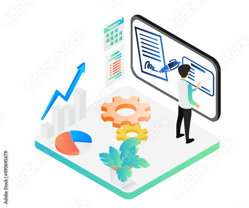Isometric style illustration of official approval signature via app
