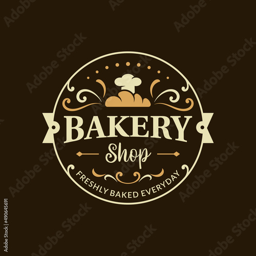 Vintage badge bakery shop logo design vector. Label for bakery shop with bread and chef hat symbol.