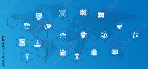 Artificial Intelligence website design template. Robotics, Chatbot, Database, Big Data vector illustration with white icons