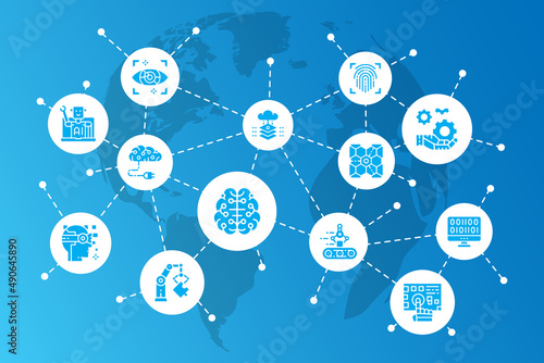 Artificial Intelligence icon business banner. Robotics, Chatbot, Database, Big Data. Vector illustration modern design template