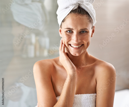 My beauty begins with my skin. Portrait of an attractive young woman wrapped in towels standing in a bathroom.