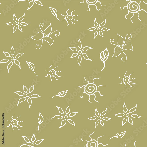 Simple doodle seamless pattern Hand drawn leaves twigs on a light background.