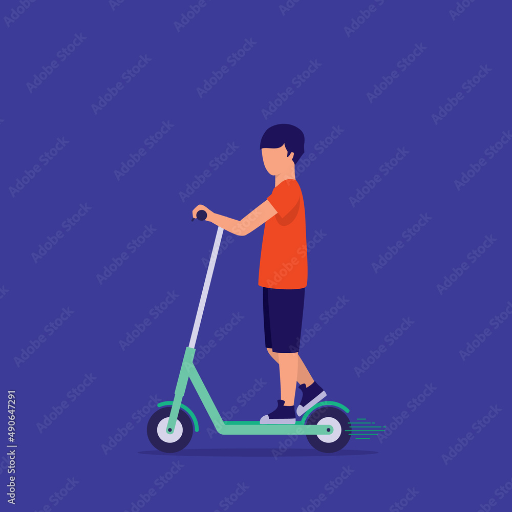 Side View Of A Little Boy Ridding An E-Scooter. Urban And Eco-Friendly Transportation. E-Scooter. Side View Of A Little Boy Ridding An E-Scooter. Urban And Eco-Friendly Transportation. E-Scooter.