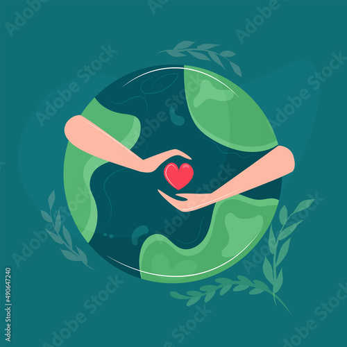  hugging earth planet and holding a heart. Earth day. Concept of Saving environment. peace on earth, stop war. . Vector illustration