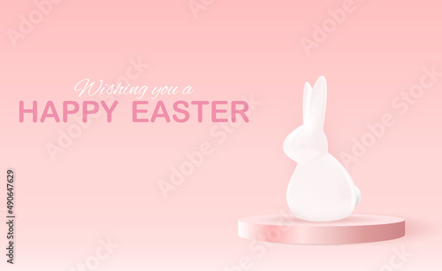 Easter poster template with 3d realistic Easter bunny. Template for advertisi...