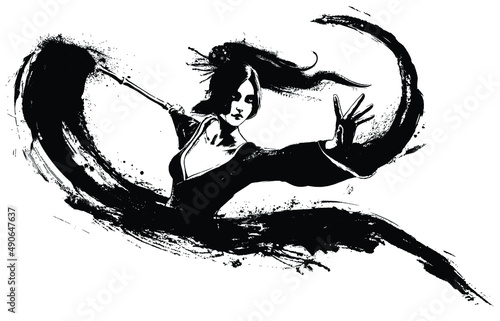 A young Japanese female calligrapher is flying through the air with a huge bamboo brush in her hand, she is wearing a kimono. 2d blob illustration with expressive strokes and splashes of ink