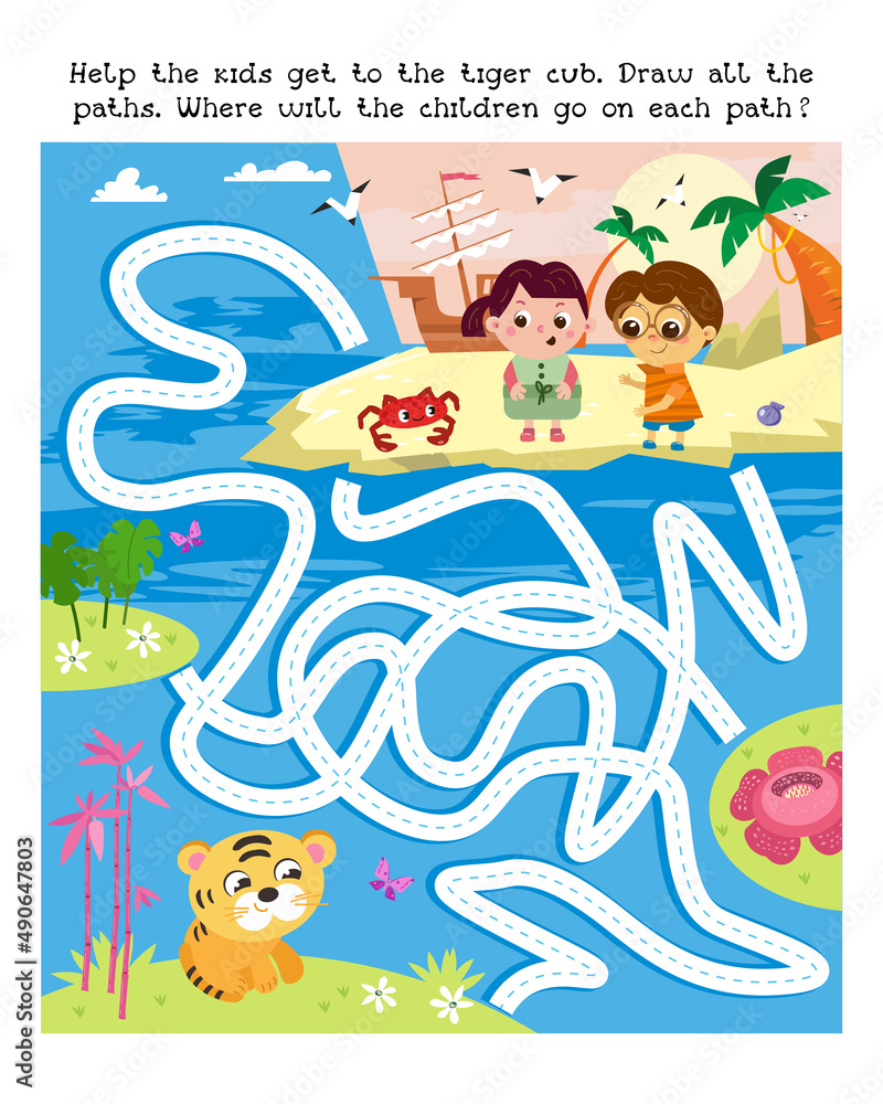 Maze game, activity for kids. Vector illustration. Help the children to get to the tiger cub. Draw all the paths. Where will each path lead.