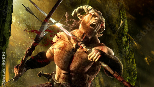 An enraged satyr, wounded by an arrow and smeared with blood of enemies, furiously rushes to the attack with his spear blades, he is a wild half-naked forest warrior with horns and beard. 3d rendering