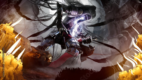 Photos A creepy skinny and huge banshee woman sucks the soul of a defeated knight she holds him tightly with her long clawed hands breaking bones, she has long gray hair, an ugly face and armor