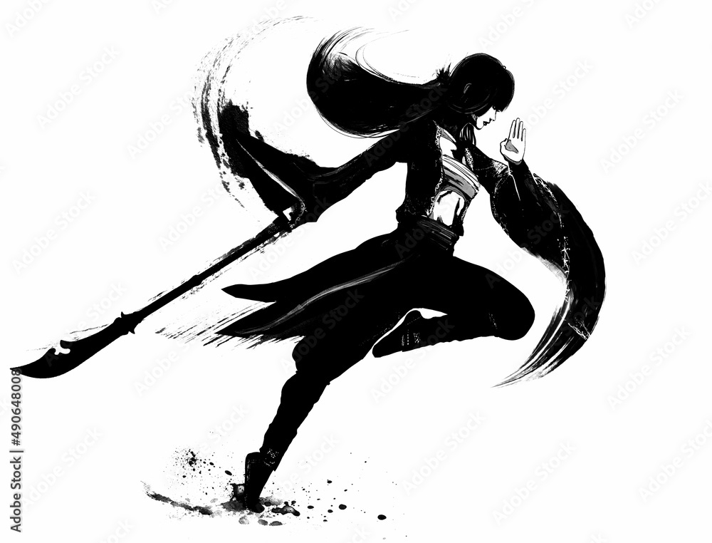 A beautiful samurai woman in an epic running pose with a long naginata halberd in her A beautiful samurai woman in an epic running pose with a long naginata halberd in her