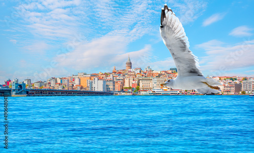 Galata Tower, Galata Bridge, Karakoy district and Golden Horn at morning, istanbul - Turkey - Large flock of seagulls flying at the sea photo