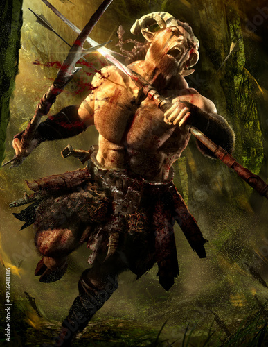Obraz na plátně An enraged satyr, wounded by an arrow and smeared with blood of enemies, furiously rushes to the attack with his spear blades, he is a wild half-naked forest warrior with horns and beard