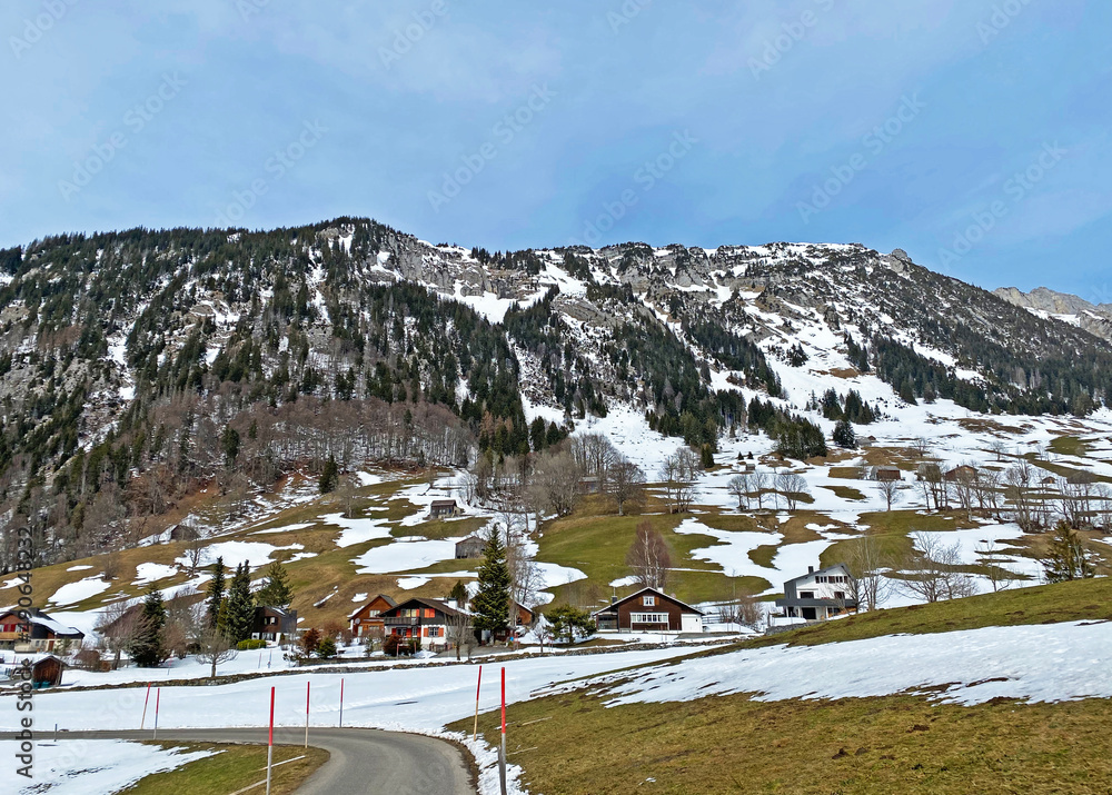Snow-capped alpine peak Gulmen (or Gulme, 1998 m) in Alpstein mountain range and in Appenzell Alps massif, Wildhaus - Canton of St. Gallen, Switzerland (Schweiz)