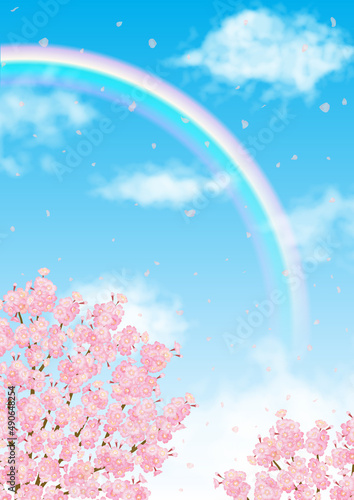 桜と青空にかかる虹のベクター素材