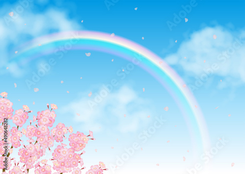 桜と青空にかかる虹のベクター素材