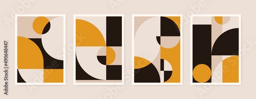 Modern geometric poster set. Abstract art with simple primitive shapes and forms, minimalist bauhaus backgrounds. Vector illustration