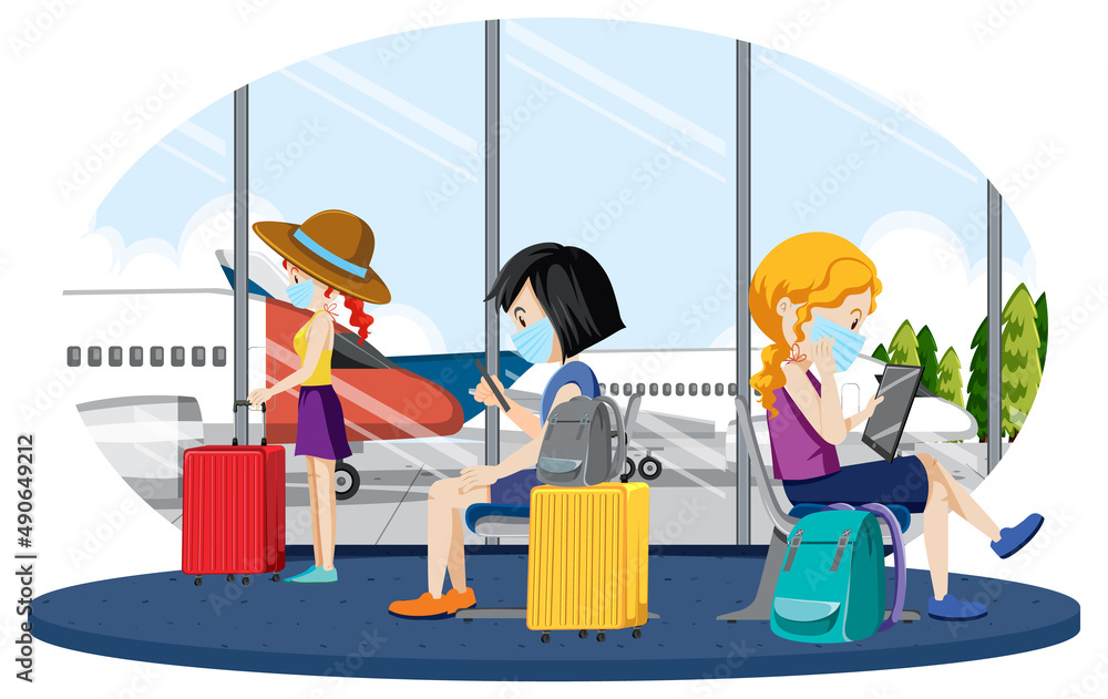 Passengers waiting at a gate to board in cartoon style