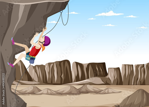 Rock climbing scene with woman climbing rock