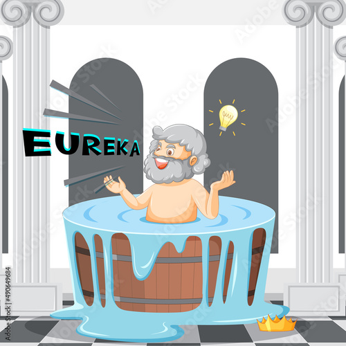 Archimedes in bathtub cartoon with the word Eureka