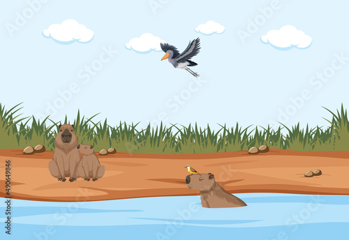 Scene with bird and wombats in water