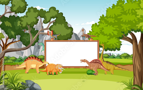 Scene with dinosaurs and whiteboard in the forest