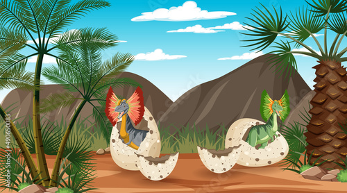 Scene with dinosaurs in the forest