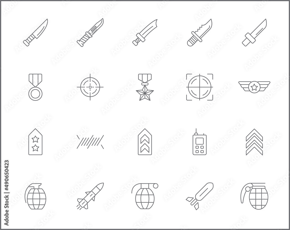 Set of weapon and Military icons line style. It contains such Icons as combat, gun, revolver, bullet, bomb, toxic, aim, knife, missile and other elements. Set of weapon and Military icons line style. It contains such Icons as combat, gun, revolver, bullet, bomb, toxic, aim, knife, missile and other elements.