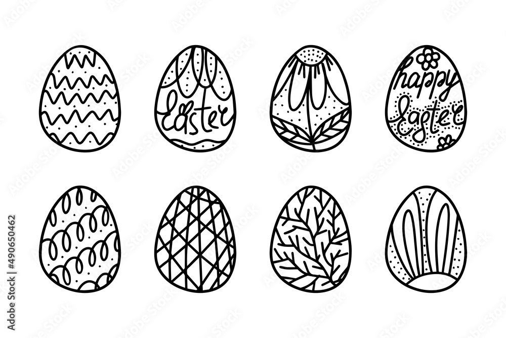 Fototapeta premium set of happy easter eggs in doodle style. Doodle Easter egg. Happy Easter hand drawn isolated on white background. Sketch eggs for cards, logos, holidays. Hand drawn illustration
