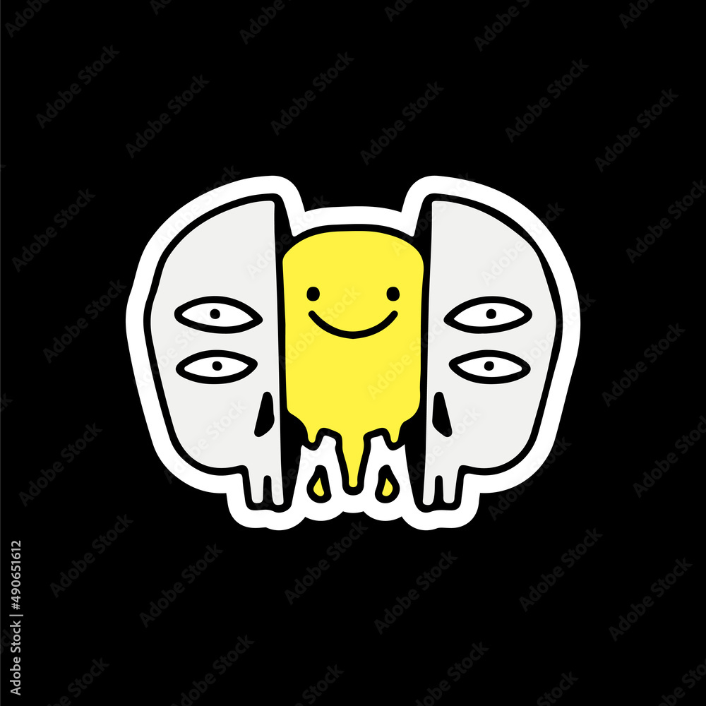 Four eyes skull head with melt smile face inside. Illustration for street wear, t shirt, poster, logo, sticker, or apparel merchandise. Retro and pop art style. Four eyes skull head with melt smile face inside. Illustration for street wear, t shirt, poster, logo, sticker, or apparel merchandise. Retro and pop art style.