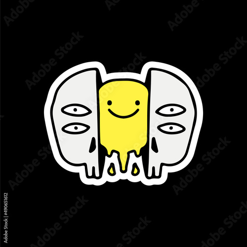 Four eyes skull head with melt smile face inside. Illustration for street wear, t shirt, poster, logo, sticker, or apparel merchandise. Retro and pop art style.