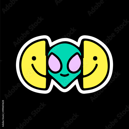 Two half of smile face with alien head inside. Illustration for t shirt, poster, logo, sticker, or apparel merchandise.