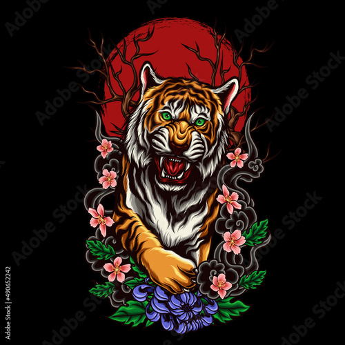 walking tiger with japanese ornament vector illustration