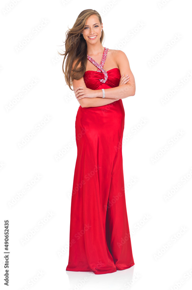 She looks exquisite. Studio shot of a stylish young woman in a red dress isolated on white. She looks exquisite. Studio shot of a stylish young woman in a red dress isolated on white.