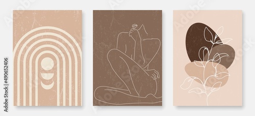 Wall Art set Boho Style.  Set of 3 Prints with Line Art Woman, Rainbow, Leaves. Abstract Print for Wall Decor. Bohemian Background. Vector EPS 10