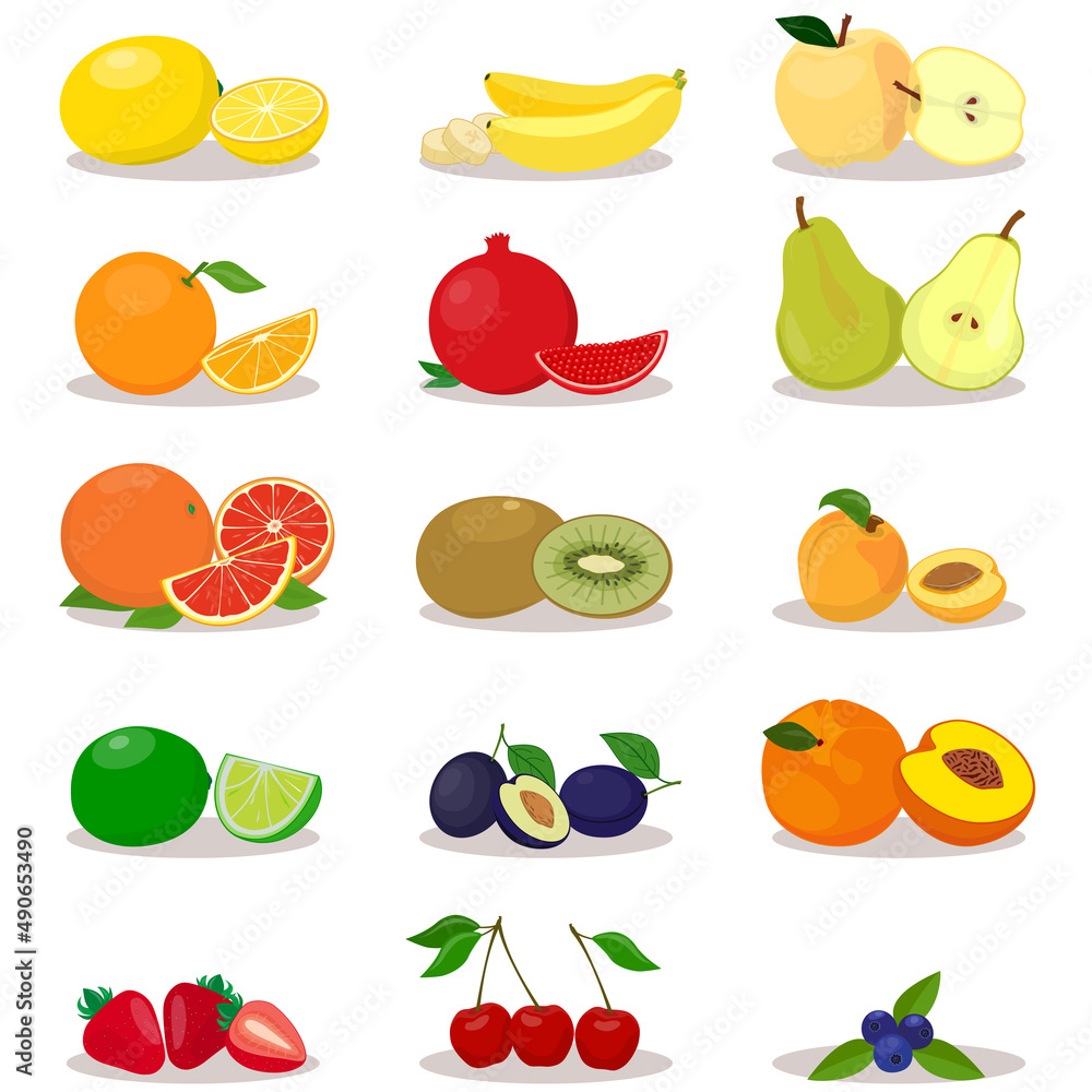 Fresh ripe fruits. Lemon, orange, grapefruit, lime, banana, pomegranate, kiwi, plum, cherry, apple, pear, apricot, peach, berries. Vector illustration. Fresh ripe fruits. Lemon, orange, grapefruit, lime, banana, pomegranate, kiwi, plum, cherry, apple, pear, apricot, peach, berries. Vector illustration.