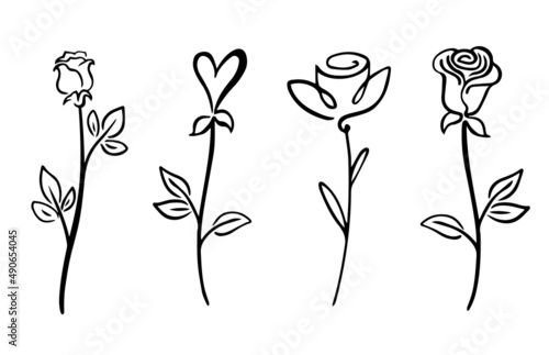 Black line rose flowers. Vector Outline illustration. Nature flower plants. Monochrome floral line art. Hand drawn simple garden logo set