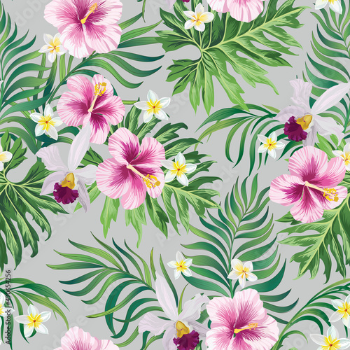 Fototapeta Naklejka Na Ścianę i Meble -  Vector tropical pattern with hibiscus flowers and exotic palm leaves. Trendy summer background. Summer floral illustration.