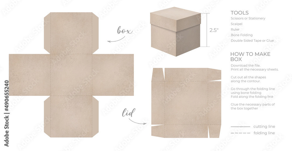 Printable template DIY party favor square box for birthdays, baby showers.  Beige Gift box template for cute candies small presents. Isolated on white  background. Print, cut out, fold, glue. Stock Illustration