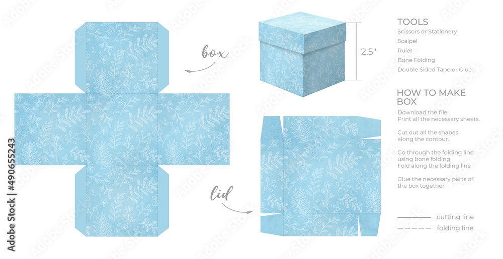 Printable template DIY party favor box for birthdays, baby showers. Gift  square blue box template for cute candies small presents. Isolated on white  background. Print, cut out, fold, glue. Stock Illustration
