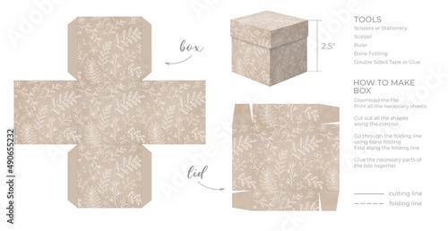 Printable template DIY party favor box for birthdays, baby showers. Gift square beige box template for cute candies small presents. Isolated on white background. Print, cut out, fold, glue.
