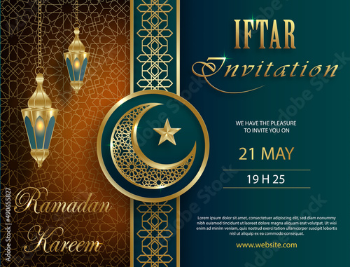 Iftar invitation card for Ramadan Kareem on Islamic background with crescent moon and gold pattern on paper color background for event and party photo