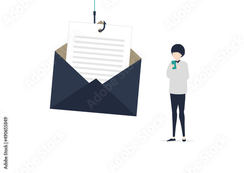 フィッシングメールでフィッシングサイトへ誘導される若い日本人男性のイラスト素材｜mayucolor02